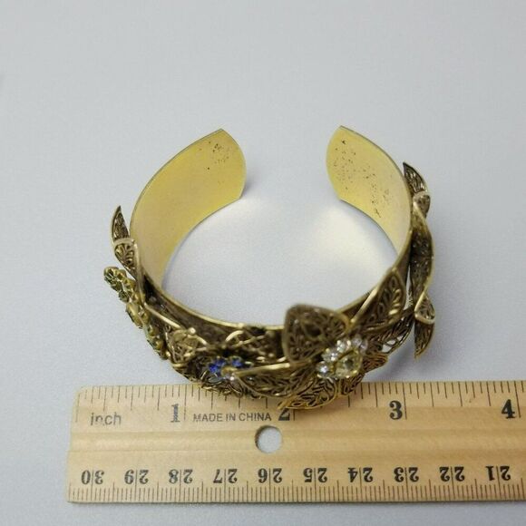 Vintage Blue Green Rhinestone Flower Filigree Cuff Bangle Bracelet, Gold Tone - Picture 7 of 9
